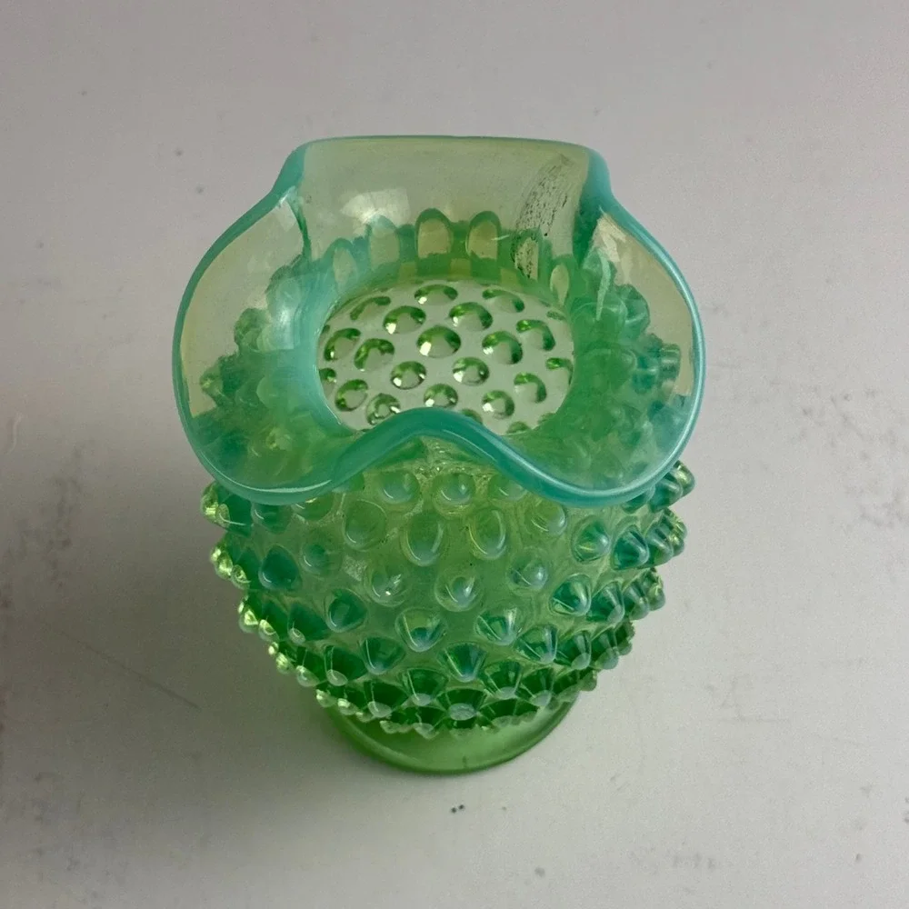 Vtg Fenton Uranium Hobnail Ruffle Vase Green Opalescent 3.5 Inch UV Reactive